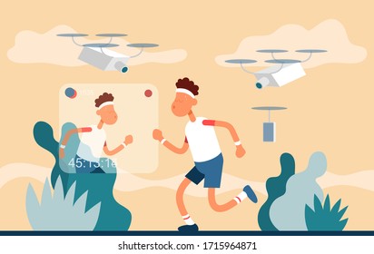Guy removes the process of doing sports on the street. Color vector flat cartoon icon. Concept for sport blogger.