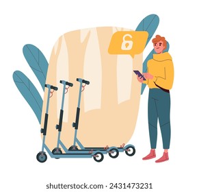 Guy alquila scooter. Hombre con transporte eléctrico. Persona respetuosa con el medio ambiente con escooters. Tecnologías e innovaciones modernas. Ilustración plana del vector de la historieta aislada sobre fondo blanco