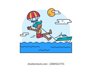 Guy in rescue suit flies on parachute tied behind speedboat by motor boat. Sports and active lifestyle. Simple colored stroked vector icon isolated on white background