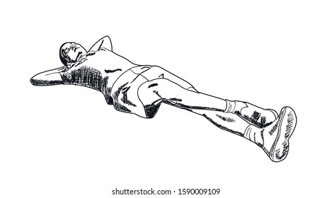 Guy is resting with his hands behind his head. Vector sketch illustration.