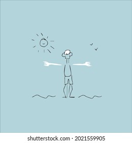 The guy is resting on the beach. Drawing of a guy and a wave. 