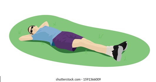 Guy resting on the grass with his hands behind his head. Vector illustration