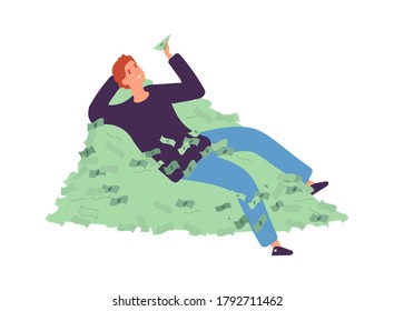 Guy resting on money. Cash, investment business or benefits of startup. Rich man vector illustration