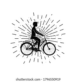 Guy monta una bicicleta con rayos solares grunge vintage ilustración