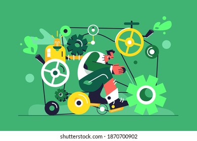 The guy rides a mechanism in the form of gears