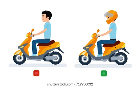 The Guy Rides A Moped With A Helmet And Without A Helmet, And Safety Regulations. Flat Design Vector Illustration.