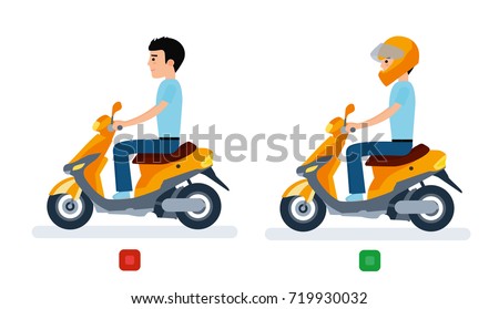 The guy rides a moped with a helmet and without a helmet, and safety regulations. Flat design vector illustration.