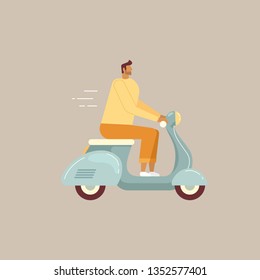 The guy rides a scooter. Fast and easy city transportation. Delivery around the city. Vector illustration, cartoon character, flat design, isolated