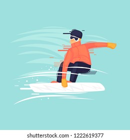 Guy rides a snowboard, winter, sport. Flat design vector illustration