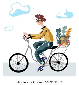 Guy riding bicycle flat vector illustration. Young man on bike with basket cartoon character. Environment friendly, ecologically clean personal transport. Healthy lifestyle, nature protection