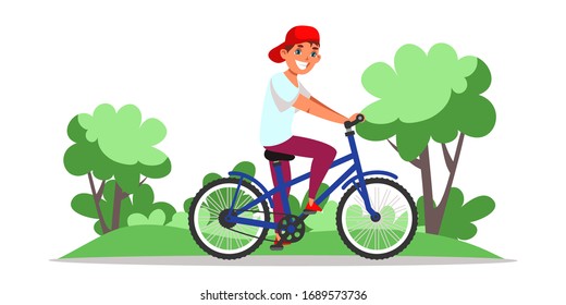 Guy riding bicycle flat vector illustration. Young man on bike cartoon character. Environment friendly, ecologically clean personal transport. Healthy lifestyle, nature protection