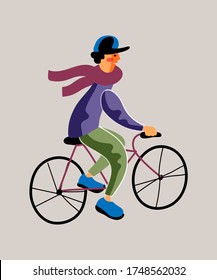 Guy riding bicycle flat vector illustration. Young man on bike cartoon character. Environment friendly, ecologically clean personal transport. Healthy lifestyle, nature protection