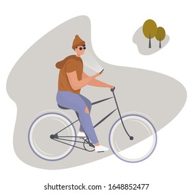 Guy is riding bicycle in the park. Cool Man character on bike with a phone in hand, healthy lifestyle. Fitness and fun, active weekend, sport, cycling. Eco friendly trendy. Vector flat illustration.