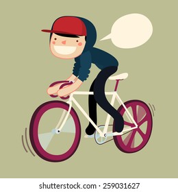 Guy Riding Bike Cartoon Character. Hipster Rider Saying. Vector Illustration