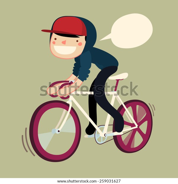 guy riding bike cartoon character. hipster rider saying. vector