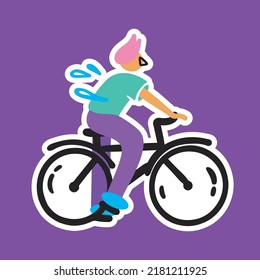The guy is riding a bike. Delivery boy. Urban, white stroke, vector illustration, sticker, doodle, cartoon style. 