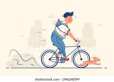 Guy riding bike with dog vector illustration. Man on weekend have fun with pet flat style. Hobby, leisure and outdoors activity concept. Isolated on beige background