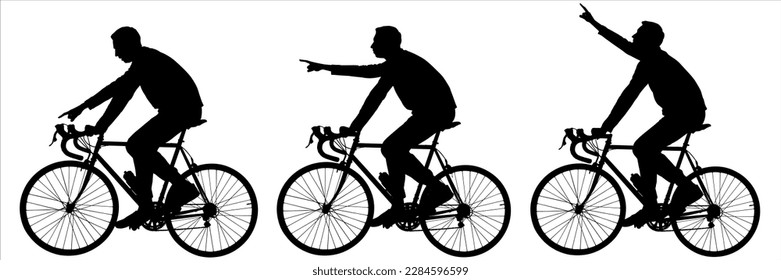 The guy is riding a bike. A man shows with his hand the direction down, forward, up. Search for the route of the cyclist. Sports walk. Side view, profile. Black silhouette isolated on white background