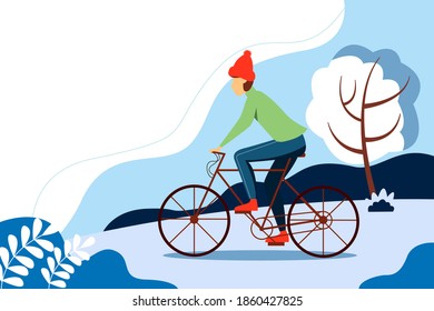 Guy Riding A Bike In The Park. Winter Vector Illustration In Flat Style.