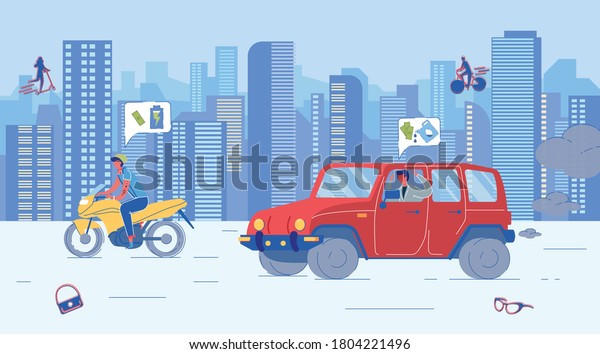 Guy\
Riding Economic Electric Motorcycle. Angry Man Driving Gasoline Car\
and Seeing Lack of Fuel. Alternative Ecological Transport Versus\
Traditional Petrol Auto on Road. Vector\
Illustration