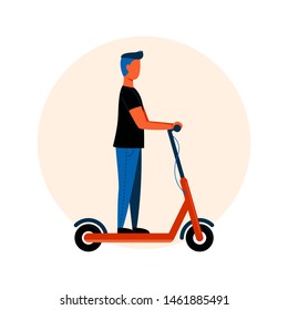 Guy riding electric kick scooter on a white background. Cartoon full length character. Flat style vector illustration of person using eco friendly transport. 