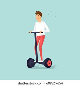 Guy is riding the electric scooter. Character design. Isolated. Flat design vector illustrations.