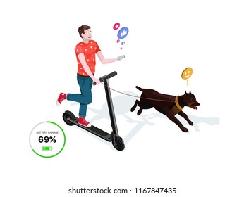 The guy is riding an electric scooter with a dog.3d isometric vector illustration design templates. isolate on white