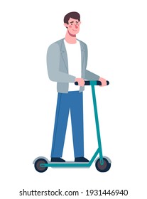 The guy is riding an electric scooter. Eco-friendly alternative transportation, green lifestyle. Vector illustration of a man. Flat style on transparent background