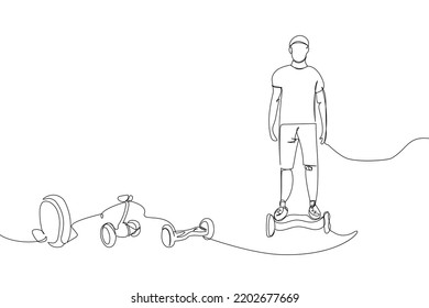 Guy Riding A Gyroboard With Gyroscooter, Electric Unicycle Set One Line Art. Continuous Line Drawing Sports, Training, Sport, Leisure, Teenager, Street Culture, Urban, Extreme, Youth Man, Stadium.