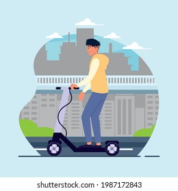 guy riding kick scooter in the street