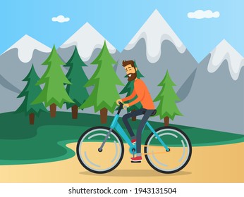 Guy is riding in mountains. Person spends time with bicycle on background of nature landscape