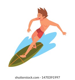 Guy Riding on Ocean Wave, Male Surfer Character in Shorts with Surfboard, Recreational Beach Water Sport Vector Illustration