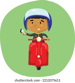 A guy riding a red motorcycle while looking at phone