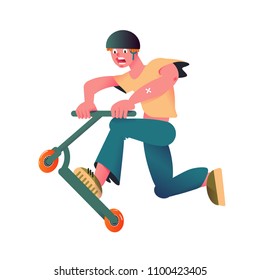 Guy riding the scooter. Dynamic athlete in a helmet t-shirt and jeans. Stylish flat with gradient design. Extreme sports. Vector illustration.