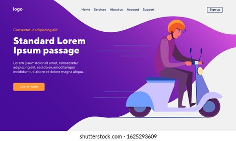 Guy riding scooter. Motor bike, helmet, electric transport flat vector illustration. Transportation, city traffic, urban vehicle concept for banner, website design or landing web page