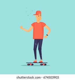 Guy is riding a skateboard. Flat design vector illustration.