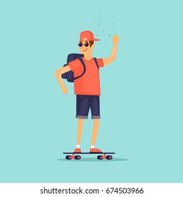 Guy is riding a skateboard. Flat design vector illustration.