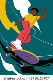 Un tipo está montando un monopatín. Ilustración vectorial. Afiche, postal, Anuncio.