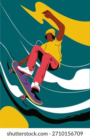 Um cara está andando de skate. Ilustração vetorial. Cartaz, cartão postal, faixa.