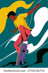 Ein Typ fährt Skateboard. Vektorgrafik. Poster, Postkarte, Banner.