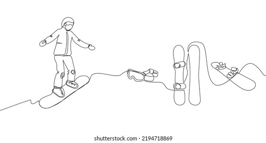 Guy riding a snowboard with goggles set one line art. Continuous line drawing sport, winter sports, do tricks, snowboarding, competition, extreme, uniform, man, woman, teenager, leisure, hobby.