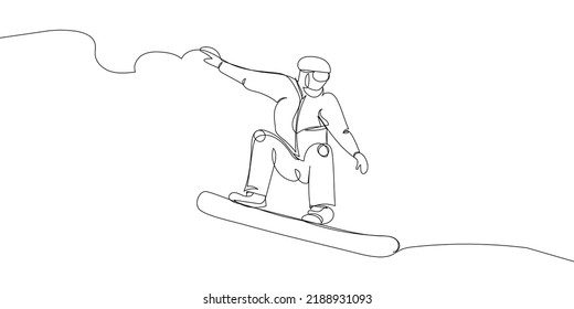 Guy Riding A Snowboard One Line Art. Continuous Line Drawing Sport, Winter Sports, Do Tricks, Snowboarding, Competition, Extreme, Uniform, Man, Leisure, Hobby.