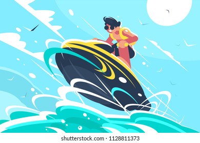 Guy riding water scooter in sea. Active sport and amusement. Vector illustration