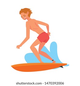 Guy Riding Waves, Male Surfer Character with Surfboard, Recreational Beach Water Sport Vector Illustration