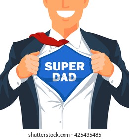 Guy rips his shirt to show the inscription Super Dad. Young smiling businessman. Vector illustration on white background. Excellent gift card Father's Day. Guy in suit. Kid muscle.