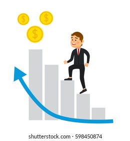 The guy rises to the top of money on the career ladder. Career. Business. Office. Vector images in cartoon style