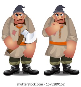 The guy the robber the angry and ghastly with the axe, threatens to fist isolated on a white background. Vector cartoon close-up illustration