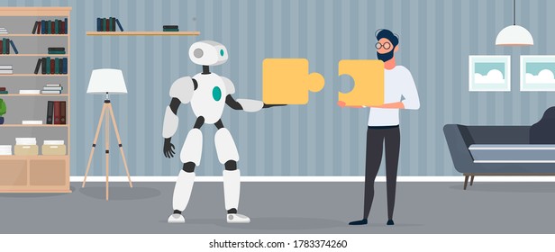 El tipo y el robot sostienen piezas de rompecabezas. Concepto de trabajo en equipo.