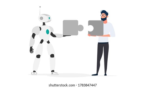 The guy and the robot are holding puzzle pieces. Teamwork concept.