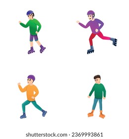 Guy roller icons set cartoon vector. Young man on roller skate. Active lifestyle, hobby